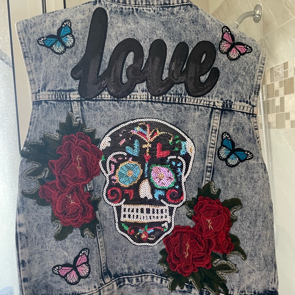 Embroidered Denim Vest with Skull and Roses